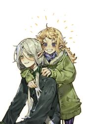 Rule 34 | 1boy, 1girl, arms around neck, blonde hair, coat, dungeon meshi, elf, fleki, fur-trimmed coat, fur trim, green coat, green eyes, grey hair, hair around ear, hair tubes, highres, long hair, long sleeves, looking at viewer, low twintails, lycion, notched ear, nova 1810, pointy ears, purple eyes, smile, twintails, winter clothes