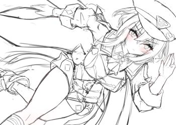 Rule 34 | 1girl, absurdres, animal ears, blush, breasts, cdsola, cheval grand (grand itineraire) (umamusume), cheval grand (umamusume), commentary request, ear covers, ears through headwear, hair between eyes, hat, hat belt, highres, horse ears, horse girl, horse tail, looking at viewer, multicolored hair, partially colored, peaked cap, simple background, solo, streaked hair, tail, umamusume, white background, white hair, white hat