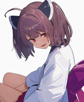 1girl ahoge artist_name blunt_bangs blush brown_hair commentary_request corn_kuten headgear japanese_clothes kimono long_sleeves looking_at_viewer ob open_mouth red_eyes red_sash sash short_hair simple_background sitting smile solo touhoku_kiritan twintails twitter_username voiceroid watermark white_background white_kimono