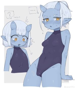 ... 1futa 1girl ? black_leotard blue_skin breasts bulge colored_skin commentary_request flat_chest futanari highleg highleg_leotard highres leotard oni open_mouth original pointy_ears short_hair small_breasts speech_bubble spoken_ellipsis spoken_question_mark translation_request unarsite variant_set white_hair yellow_eyes