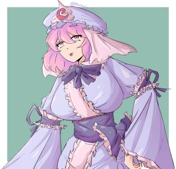 1girl blue_hat blue_kimono border breasts commentary frilled_kimono frills green_background hair_between_eyes hat japanese_clothes kimono large_breasts looking_at_viewer mob_cap pink_eyes pink_hair rachilucis saigyouji_yuyuko short_hair simple_background solo touhou triangular_headpiece twitter_username white_border