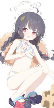 1girl absurdres ahoge bikini black_hair black_shoes blue_archive blush braid bright_pupils brown_hat commentary_request crocs flat_chest full_body grey_halo halo hand_up hat highres leaf leaf_on_head long_hair miyu_(blue_archive) miyu_(swimsuit)_(blue_archive) navel open_mouth print_bikini red_eyes shoes simple_background solo squatting straw_hat swimsuit twin_braids urotsuki_(ku9625) white_background white_bikini white_pupils