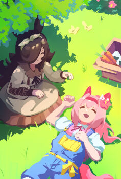2girls absurdres ago_(owenanaken) animal_ears blue_overalls bow bow_hairband brown_dress brown_hair brown_ribbon bug butterfly carrot casual closed_eyes closed_mouth collared_dress day dress ear_bow ear_covers flipped_hair flower food grass hair_flower hair_ornament hair_over_one_eye hairband haru_urara_(casual)_(umamusume) haru_urara_(umamusume) headband highres horse_ears horse_girl horse_tail insect long_hair long_sleeves lying multiple_girls official_alternate_costume on_back onigiri open_mouth outdoors overall_shorts overalls picnic_basket pink_hair pink_headband pink_shirt ponytail red_headband ribbon rice_shower_(casual)_(umamusume) rice_shower_(umamusume) shirt short_sleeves sitting smile tail tree umamusume white_hairband