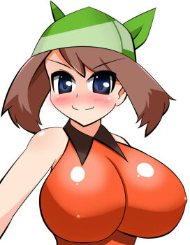 1girl bandana bare_arms bare_shoulders blue_eyes blush breasts brown_hair cleavage closed_mouth collared_shirt covered_erect_nipples female_focus green_bandana harubato huge_breasts looking_at_viewer may_(pokemon) may_(pokemon_emerald) naughty_face neck nintendo orange_shirt pokemon pokemon_(anime) pokemon_rse shirt short_hair simple_background skin_tight sleeveless sleeveless_shirt smile solo upper_body white_background