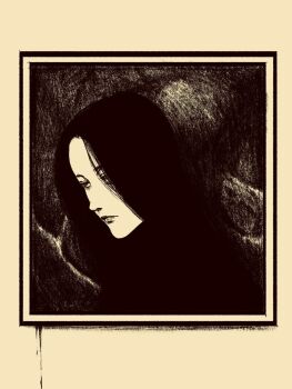 1girl black_hair black_outline brown_background brown_theme highres long_hair looking_to_the_side monochrome original outline picture_frame portrait_(object) solo tp_p_pt