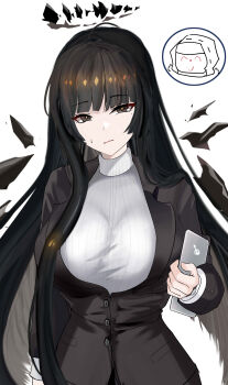 1girl 1other absurdres ahoge ambiguous_gender arknights black_eyes black_hair black_halo black_jacket black_wings blue_archive blunt_bangs breasts bright_pupils broken_halo buttoned_cuffs buttons chibi chibi_inset colored_inner_hair commentary cosplay cowboy_shot dark_halo detached_wings disgust doctor_(arknights) doodle_sensei_(blue_archive) energy_wings grey_hair halo hand_up hashtag-only_commentary high_collar highres holding holding_tablet_pc hood hood_up jacket large_breasts layered_sleeves long_hair long_sleeves looking_at_viewer mikuning mole mole_under_eye multicolored_hair pale_skin parted_lips pocket ribbed_sweater rio_(blue_archive) rio_(blue_archive)_(cosplay) sensei_(blue_archive) sidelocks simple_background solo_focus standing straight_hair sweatdrop sweater tablet_pc turtleneck turtleneck_sweater two-tone_hair very_long_hair virtuosa_(arknights) white_background white_pupils white_sweater wings yellow_pupils