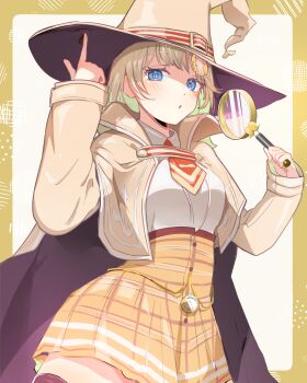 Rule 34 | 1girl, absurdres, adapted costume, black thighhighs, blonde hair, blue eyes, blush, bob cut, breasts, brown cape, brown coat, brown hat, cape, coat, collared shirt, commentary request, cowboy shot, hair ornament, hat, high-waist skirt, highres, holding, holding magnifying glass, hololive, hololive english, iris (tb33064667), looking at viewer, magnifying glass, medium breasts, neckerchief, plaid clothes, plaid skirt, puckered lips, red neckerchief, shirt, short hair, skirt, solo, thick thighs, thighhighs, thighs, underbust, virtual youtuber, watson amelia, watson amelia (1st costume), white shirt, wide hips, witch hat, yellow skirt