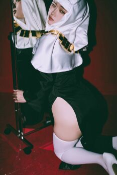 1girl 5y_mmo black_dress bodhisattva breasts buddhist_nun closed_mouth commentary cosplay cosplay_photo curvy demon_girl dress fate/extra fate/extra_ccc fate/grand_order fate_(series) foot_out_of_frame full-length_mirror full_body gold_necklace half-closed_eyes head_tilt high_heels highres holding holding_mirror indoors jewelry kneeling large_breasts long_dress long_sleeves looking_at_viewer mature_female mirror necklace no_ears nose nun pale_skin photo_(medium) pink_lips raised_eyebrows real_life red_carpet red_theme reflection sessyoin_kiara side_slit skindentation solo straight-on thick_thighs thighhighs thighs white_coif white_thighhighs yellow_eyes