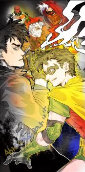 abraxas aged_up bat_signal batman batman_(series) batman_symbol belt black_bodysuit black_hair bodysuit brown_jacket chinese_commentary commentary_request dc_comics domino_mask eye_mask gloves grey_bodysuit jacket jason_todd male_focus mask multicolored_bodysuit multiple_boys multiple_persona muscular muscular_male open_clothes pants red_hood_(dc) red_hood_and_the_outlaws red_mask robin_(dc) short_hair superhero_costume taut_bodysuit two-tone_bodysuit utility_belt