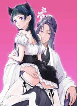 Rule 34 | 1boy, 1girl, animal ear hairband, animal ears, bare shoulders, black skirt, blue eyes, blunt bangs, breasts, bun cover, cat ear hairband, cat ears, chocomint 726, commentary request, detached sleeves, dress, fake animal ears, frown, furrowed brow, green hair, hair bun, hairband, hand on another's ass, hand under clothes, hand under skirt, hetero, highres, jinshi (kusuriya no hitorigoto), kusuriya no hitorigoto, long hair, maomao (kusuriya no hitorigoto), no shoes, off-shoulder dress, off shoulder, parted lips, pink background, puffy short sleeves, puffy sleeves, purple eyes, purple hair, short sleeves, skirt, small breasts, smile, thighhighs, white dress, white thighhighs, zettai ryouiki