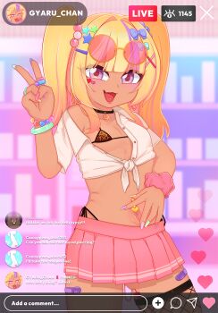 1girl animal_print bikini black_bikini black_thighhighs blonde_hair blue_nails blurry blurry_background brown_bikini chat_log collarbone cowboy_shot eyelashes fang female_focus fingernails fishnet_thighhighs fishnets flat_chest front-tie_top green_nails gyaru hand_on_own_stomach hand_up indoors instagram leopard_print leopard_print_bikini livestream loli long_fingernails long_hair looking_at_viewer multicolored_bikini multicolored_hair multicolored_nails nail_polish navel navel_piercing open_mouth original oscarlllll pedobear piercing pink-tinted_eyewear pink_hair pink_skirt print_bikini purple_eyes purple_nails shirt short_sleeves single_thighhigh skin_fang skirt smile solo spread_navel standing sunglasses_on_head swimsuit tan thighhighs tinted_eyewear tongue tongue_piercing twintails two-tone_bikini two-tone_hair v variant_set white_shirt yellow-framed_eyewear yellow_nails