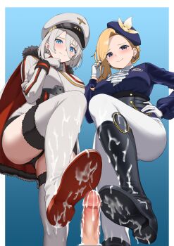 2girls absurdres arm_under_breasts azur_lane black_boots black_panties blonde_hair blue_background blue_eyes blue_hat blush bootjob boots border breasts cape censored commentary commission cum cum_on_body cum_on_boots cum_on_legs dress earrings english_commentary footjob fur-trimmed_boots fur-trimmed_cape fur_trim gloves gradient_background hair_between_eyes hand_on_own_chin hand_on_own_hip hat hetero highres hood_(azur_lane) hood_(gentlewoman_and_stallion)_(azur_lane) jacket jewelry large_breasts long_hair long_sleeves looking_at_viewer military_uniform mosaic_censoring multiple_girls panties pants parallelrey peaked_cap penis riding_boots riding_outfit shoe_soles shoejob short_hair smile standing tanaka_atsuko thigh_boots tirpitz_(azur_lane) underwear voice_actor_connection white_boots white_border white_cape white_gloves white_hair white_hat white_pants