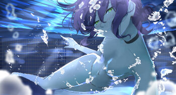 Rule 34 | 1girl, absurdres, beans18mame, blush, breasts, chainsaw man, choker, completely nude, convenient censoring, green eyes, highres, medium breasts, nude, pool, purple hair, reze (chainsaw man), shounen jump, skinny dipping, submerged, teeth, underwater