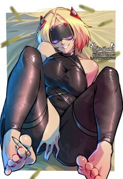 1girl absurdres barefoot black_bodysuit black_mask blindfold_mask blonde_hair bodysuit breasts bullet commentary english_commentary eye_mask haysey head_tilt highres holding holding_pencil holding_with_feet large_breasts lying mask medium_hair on_back pencil smile solo trigger_(zenless_zone_zero) zenless_zone_zero