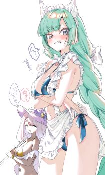 2girls apron arms_under_breasts bikini blue_bikini blush braid breasts character_request clenched_teeth closed_eyes commentary_request copyright_request cowboy_shot green_hair grey_eyes hat highres long_hair low-braided_long_hair low-tied_long_hair maid maid_apron maid_bikini medium_breasts multiple_girls pink_hair pink_hat shuri_(84k) side-tie_bikini_bottom simple_background solo_focus sun_hat swimsuit teeth translation_request unconventional_maid very_long_hair waist_apron white_apron white_background yellow_bikini