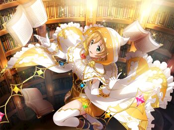 1girl arthurian_legend book bookshelf brown_corset capelet corset cosplay daiba_nana earrings elbow_gloves floating floating_object game_cg gloves green_eyes high_heels hood hood_up hooded_capelet hoop_earrings jewelry looking_at_viewer merlin_(mythology) merlin_(mythology)_(cosplay) official_art open_book orange_hair parted_lips shirt shoujo_kageki_revue_starlight shoujo_kageki_revue_starlight_-re_live- skirt solo thighhighs white_capelet white_gloves white_shirt white_skirt white_thighhighs