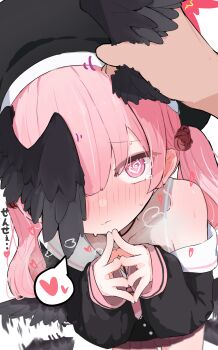 1boy 1girl @_@ absurdres black_wings blue_archive blush commentary halo hand_on_another&#039;s_head hat head_wings heart highres koharu_(blue_archive) nyashiro_(sgylk) pink_eyes pink_hair translation_request twintails wing_flapping wings