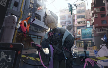 Rule 34 | !, 1girl, 3others, absurdres, arknights, bird girl, black feathers, black gloves, building, cable, cable tail, caution tape, cityscape, closed eyes, dark-skinned female, dark skin, doctor (arknights), extra arms, feather hair, feathers, fish, gloves, grey hair, head wings, highres, jacket, magnifying glass, mechanical tail, multiple others, outdoors, pink gloves, raidian (arknights), short hair, smile, tail, two-tone gloves, wings, wushier