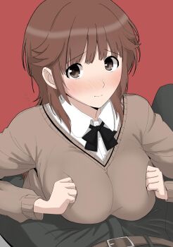 1boy 1girl absurdres amagami black_bow black_bowtie black_pants blush bow bowtie breasts breasts_squeezed_together brown_eyes brown_hair brown_sweater closed_mouth collared_shirt commentary_request gyuunyuu_pack_(tanaka) hetero highres implied_paizuri kibito_high_school_uniform large_breasts long_sleeves looking_at_viewer medium_hair pants pov pov_crotch red_background sakurai_rihoko school_uniform sexually_suggestive shirt simple_background solo_focus sweater white_shirt
