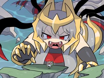 >_< 2girls angry breasts chibi claws commentary fake_horns fangs fascinator flailing floating_island flying_sweatdrops gen_4_pokemon giant giantess giratina giratina_(origin) green_hair grey_hair horned_headwear horns kasugai_(de-tteiu) lamia large_breasts legendary_pokemon maiden_(kasugai_(de-tteiu)) monster_girl multiple_girls mythical_pokemon nasya_(kasugai_(de-tteiu)) nintendo open_mouth panicking pokemon pokemon:_giratina_and_the_sky_warrior pokemon_(anime) pokemon_dppt_(anime) reaching reaching_towards_another red_eyes shaymin size_difference wavy_hair