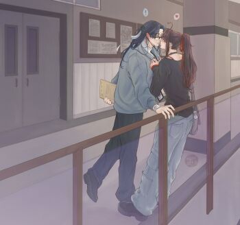 ! 2boys absurdres against_railing ahoge alternate_costume bag bespectacled black_choker black_hair black_pants black_shirt black_shoes blue_jacket blue_pants blush book brown_hair choker closed_eyes clothes_grab commentary contemporary couple denim ear_blush english_commentary full_body glasses grey_bag hair_ribbon heart heart_ahoge highres holding holding_book jacket jeans kiss lan_wangji long_hair long_sleeves looking_at_another male_focus modao_zushi multiple_boys nail_polish neombers outdoors pants ponytail railing red_nails red_ribbon ribbon shirt shoes shoulder_bag sidelocks spoken_exclamation_mark spoken_heart stairs standing sweatdrop sweater turtleneck turtleneck_sweater watch wei_wuxian white_ribbon white_sweater wristwatch yaoi