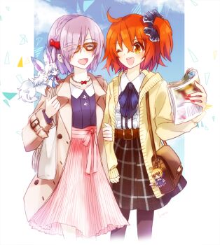 Rule 34 | 2girls, artoria pendragon (fate), boru-boru, bow, character charm, charm (object), closed eyes, commentary request, cowboy shot, fate/grand order, fate (series), fou (fate), fujimaru ritsuka (female), hair bow, hair ornament, hair scrunchie, mash kyrielight, multiple girls, one eye closed, one side up, open mouth, orange eyes, orange hair, plaid clothes, plaid skirt, purple hair, red-framed eyewear, red bow, saber (fate), scrunchie, short hair, skirt, smile