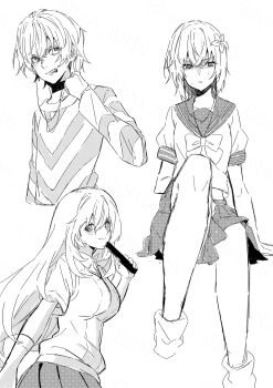 1boy 1girl a_certain_high_school_uniform accelerator_(toaru_majutsu_no_index) choker commentary_request controller elbow_gloves flower genderswap genderswap_(mtf) glaring gloves greyscale hair_flower hair_ornament highres holding holding_controller holding_remote_control long_hair miniskirt monochrome remote_control sailor_collar school_uniform serafuku shirt shokuhou_misaki short_hair skirt smile striped_clothes striped_shirt summer_uniform suzushina_yuriko sweater_vest ten_8810 toaru_majutsu_no_index tokiwadai_school_uniform white_background