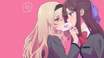 2girls black_hairband blonde_hair blush bow bowtie brown_hair collared_shirt commentary grey_eyes grey_jacket hair_ribbon hairband hashtag-only_commentary heart highres jacket long_hair multiple_girls pink_background purple_eyes purple_ribbon raven_(rnzraven) red_bow red_bowtie ribbon saijou_claudine seishou_music_academy_uniform shirt shoujo_kageki_revue_starlight simple_background spoken_heart tendou_maya upper_body white_shirt yuri