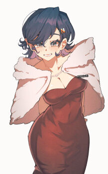 1girl alternate_costume belle_(zenless_zone_zero) blue_hair breasts cleavage cloak cowboy_shot dress evening_gown fur-trimmed_cloak fur_trim hair_ornament highres jewelry large_breasts leotard letter_hair_ornament looking_at_viewer necklace pearl_necklace red_dress short_hair smile solo strapless strapless_leotard wokiiarts zenless_zone_zero