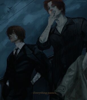 2boys against_railing arm_hair arm_up bandaged_arm bandaged_neck bandages bandaid bandaid_on_face bird_on_power_lines black_necktie black_shirt black_suit black_vest bungou_stray_dogs caption cigarette cloud collared_shirt dark dark_cloud dazai_osamu_(bungou_stray_dogs) dutch_angle english_text facial_hair formal_clothes goatee_stubble hands_in_pockets highres holding holding_cigarette holding_unworn_clothes jacket male_focus multiple_boys necktie oda_sakunosuke_(bungou_stray_dogs) power_lines railing red_nose shirt short_hair smoking sonaireeart stubble suit unworn_jacket upper_body vest white_shirt