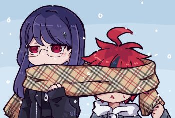 Rule 34 | 1boy, 1girl, ahoge, black dress, black jacket, black streaks, chibi, chibi only, commentary, covered face, dress, earrings, glasses, grey jacket, hair ornament, height difference, hood, hoodie, jacket, jacket over hoodie, jewelry, kedamamax, long hair, multicolored hair, plaid clothes, plaid scarf, purple hair, red eyes, red hair, scarf, shared clothes, shared scarf, shizuhara hiruko, short hair, snowing, streaked hair, sumino takumi, sweatdrop, the hundred line -last defense academy-, triangle mouth, twitter username, two-tone hair, white hoodie