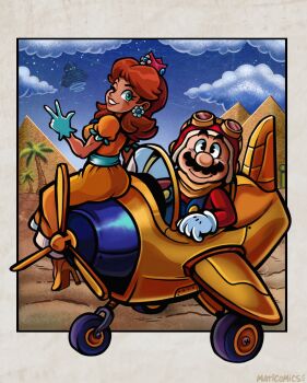 1boy 1girl aircraft airplane artist_name blue_eyes blue_overalls brown_hair cloud crown dress facial_hair gloves goggles goggles_on_headwear helmet high_heels highres mario mario_(series) maticomics64 mustache nintendo orange_dress overalls princess_daisy pyramid_(structure) red_shirt shirt sitting smile super_mario_land v white_gloves