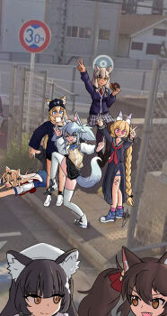 Rule 34 | 6+girls, absurdres, animal ears, black hair, blonde hair, blue hair, brown hair, double v, girls' frontline, grey hair, high school girls posing for google street view (meme), highres, m500 (daydreaming in class) (girls' frontline), m500 (girls' frontline), m590 (girls' frontline), m590 (recreation after school) (girls' frontline), meme, multiple girls, nija-ps, official alternate costume, outdoors, pa-15 (girls' frontline), pa-15 (high school thrills) (girls' frontline), school uniform, sr-3mp (commando bunny) (girls' frontline), sr-3mp (girls' frontline), tmp (girls' frontline), tmp (meow prism power) (girls' frontline), type 95 (girls' frontline), type 95 (pure white graduation) (girls' frontline), type 97 (girls' frontline), type 97 (late for school) (girls' frontline), v