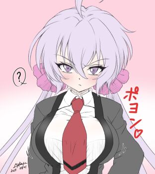 1girl ahoge breasts commentary_request gradient_background highres large_breasts long_hair maco_tie necktie pink_hair purple_eyes purple_hair red_necktie school_uniform senki_zesshou_symphogear shirt sidelocks signature twintails white_shirt yukine_chris