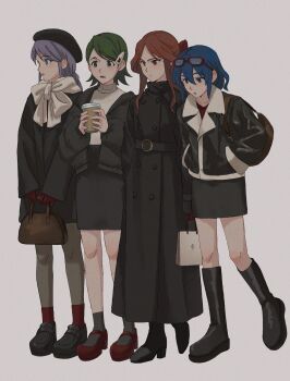 4girls bag beret black_boots black_coat black_jacket black_shoes black_skirt black_socks black_theme blue_eyes blue_hair boots bow braid brown_hair coat commentary cup eyewear_on_head full_body glasses gloves green_eyes green_hair hair_ornament hairclip handbag hat highres holding holding_bag holding_cup inazuma_eleven inazuma_eleven_(series) jacket kino_aki kudou_fuyuka light_blush long_coat long_hair multiple_girls open_mouth otonashi_haruna pantyhose purple_hair raimon_natsumi red-framed_eyewear red_bow red_eyes red_gloves red_shirt red_shoes red_socks sea_raino shirt shoes short_hair skirt socks white_shirt