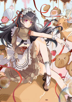 1girl absurdres animal_ears apron arm_on_knee black_hair brown_dress brown_shoes cake cake_slice capybara_ears chisa_(wuthering_waves) closed_mouth commentary commentary_request cookie dress english_commentary fake_animal_ears food fork fruit hair_ribbon headdress high_heels highres holding holding_fork knee_up long_hair looking_at_viewer milupri mixed-language_commentary namipon_(wuthering_waves) official_alternate_costume plate red_eyes red_ribbon ribbon shoes signature sitting socks strawberry white_socks wind wuthering_waves