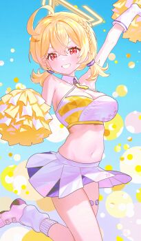 1girl ahoge aqua_background arm_up armpits bare_arms bare_shoulders blonde_hair blue_archive braid breasts cheerleader cleavage covered_erect_nipples crop_top fymrie gloves gradient_background grin halo halterneck highres holding holding_pom_poms knee_up kotori_(blue_archive) kotori_(cheer_squad)_(blue_archive) long_hair looking_at_viewer medium_breasts midriff millennium_cheerleader_outfit_(blue_archive) miniskirt navel official_alternate_costume pleated_skirt pom_pom_(cheerleading) pom_poms red_eyes shirt shoes short_twintails skindentation skirt sleeveless sleeveless_shirt smile socks solo spaghetti_strap stomach thigh_strap thighs twintails v-shaped_eyebrows white_gloves white_shirt white_skirt white_socks wing_collar