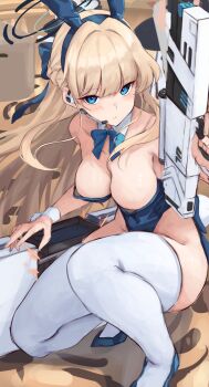 1girl absurdres animal_ears blonde_hair blue_archive blue_eyes blue_leotard bow bowtie breasts case detached_collar earpiece fake_animal_ears halo high_heels highres holding holding_weapon inre_kemomimi leotard long_hair looking_at_viewer medium_breasts official_alternate_costume playboy_bunny rabbit_ears rabbit_tail solo squatting strapless strapless_leotard tail thighhighs toki_(blue_archive) toki_(bunny)_(blue_archive) very_long_hair weapon white_thighhighs wrist_cuffs