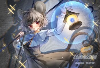 1girl 80isiiii animal_ears basket bishamonten's_pagoda blue_capelet blush capelet chinese_commentary commentary_request commission dowsing_rod dress grey_dress grey_hair holding holding_rod holding_with_tail long_sleeves medium_hair mouse_ears mouse_girl mouse_tail nazrin prehensile_tail red_eyes rod short_hair smile solo tail touhou touhou_lost_branch_of_legend upper_body watermark white_sleeves