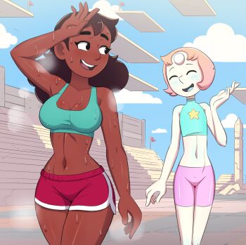 2girls aged_up aqua_sports_bra bike_shorts black_eyes blue_sky blue_tongue breasts brown_hair cleavage closed_eyes cloud colored_tongue commentary connie_maheswaran crop_top cubedcoconut dark-skinned_female dark_skin dolphin_shorts english_commentary flag flat_chest forehead_jewel highres medium_breasts multiple_girls narrow_waist navel open_mouth pearl_(steven_universe) pink_hair pink_shoes shoes shorts sky sleeveless sleeveless_turtleneck smile sports_bra steaming_body steven_universe sweat turtleneck