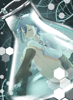 1girl beaker black_socks blue_hair bubble closed_eyes commentary dark_background dna dress ear_piercing english_commentary grey_dress hexagon highres kapuridora_p lab_coat liquid love_live! love_live!_superstar!! neck_ribbon piercing red_ribbon ribbon school_uniform shirt socks solo thighs wakana_shiki white_shirt yuigaoka_school_uniform