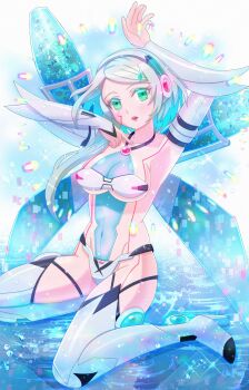 1girl absurdres arm_up bikini blue_eyes blush breasts facial_mark full_body grey_hair headphones highres ico_(megaman_x_dive) kiwakiwa kneeling long_hair medium_breasts mega_man_(series) mega_man_x_(series) mega_man_x_dive ringed_eyes see-through_cleavage see-through_clothes solo swimsuit water white_bikini wings