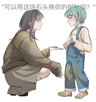 2girls absurdres aged_up bang_dream! bang_dream!_it&#039;s_mygo!!!!! blue_hair blue_overalls brown_cardigan brown_eyes brown_shirt brown_skirt cardigan chinese_commentary chinese_text commentary_request grey_hair hero45439083942 highres kneehighs long_hair mother_and_daughter multiple_girls original overalls rock shirt short_hair simple_background skirt socks squatting takamatsu_shizuku takamatsu_tomori translation_request white_background white_socks