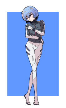1girl arms_around_self ayanami_rei blue_background blue_hair bodysuit choppy_bangs commentary_request eyelashes full_body highres interface_headset_(evangelion) looking_down looking_to_the_side mecha_pilot_suit neon_genesis_evangelion outside_border plugsuit_(evangelion) red_eyes sashimi_(sasihmi) science_fiction short_hair sidelighting solo standing track_suit white_background white_bodysuit