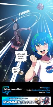 2girls absurdres artist_name asteroid black_dress black_hair blue_hair blush cheering clenched_hand commentary dress earth-chan english_commentary english_text green_hair grey_hair grey_shirt hand_up highres hinghoi logo merryweather moon-chan multicolored_hair multiple_girls nasa_logo open_mouth original personification shirt short_hair short_sleeves smile speech_bubble split-color_hair t-shirt talking two-tone_hair white_shirt yellow_eyes