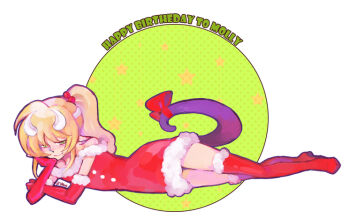 Rule 34 | 1girl, barone (battle spirits), battle spirits, battle spirits: brave, blonde hair, boots, bow, buttons, closed mouth, commentary, dress, elbow gloves, english commentary, flat chest, full body, fur-trimmed boots, fur-trimmed dress, fur-trimmed gloves, fur trim, gloves, green eyes, hair bobbles, hair ornament, happy birthday, head rest, high ponytail, horns, kanon (rsl), long hair, looking at viewer, lying, on side, pointy ears, ponytail, red boots, red bow, red dress, red gloves, short dress, smile, solo, tail, tail bow, tail ornament, thigh boots, white horns