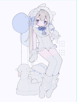 1girl balloon blonde_hair blue_bow blue_bowtie blue_eyes blush bow bowtie closed_mouth commentary_request frilled_gloves frilled_one-piece_swimsuit frills full_body gloves hair_bow hat highres holding holding_rattle long_hair looking_at_viewer no_shoes one-piece_swimsuit original ponytail rattle simple_background solo standing swimsuit thighhighs upa_papa_co white_background white_gloves white_hat white_one-piece_swimsuit white_thighhighs