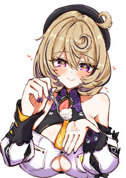 1girl absurdres bare_shoulders beret black_hat blonde_hair blush breasts button_gap cleavage closed_mouth collarbone commentary_request cowlick cropped_torso detached_sleeves food fruit hair_between_eyes hand_up hat head_tilt heart highres holding holding_spoon incoming_food large_breasts looking_at_viewer maiq06 mole mole_under_mouth purple_eyes purple_nails shirt short_hair simple_background smile solo spoon strawberry white_background white_shirt yidhari_murphy zenless_zone_zero