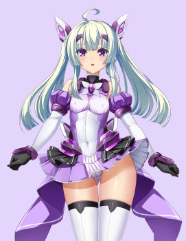1girl :o absurdres ahoge amakubo_yuri bare_shoulders black_gloves blush breasts cameltoe chest_jewel commission covered_erect_nipples covered_navel detached_sleeves dress elbow_gloves exs-tia_flora gloves gluteal_fold green_hair hair_ornament harold_japan highres kouyoku_senki_exs-tia large_variant_set leotard long_hair looking_at_viewer magical_girl miniskirt open_mouth panties pantyshot pleated_skirt purple_background purple_eyes purple_skirt simple_background skeb_commission skirt small_breasts solo standing thighhighs thighs twintails underwear variant_set white_panties white_thighhighs