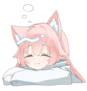 1girl :3 ^_^ animal_ear_fluff animal_ears blue_archive blush cat_ears cat_girl closed_eyes closed_mouth commentary cropped_torso facing_viewer hair_between_eyes hair_intakes highres hoshino_(blue_archive) ixia559 kemonomimi_mode long_hair long_sleeves pink_hair portrait shirt sidelocks simple_background sleeping smile solo squeans white_background white_shirt